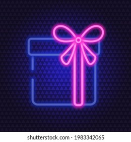 Gift. Shining neon icon. Square box with a surprise. Color vector illustration. Isolated background. Colorful blue present, decorated with a pink bow Festive mood. Happy New Year and merry Christmas. 