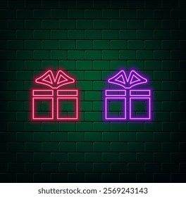 Gift. Shining neon. Square box with a surprise. Colorful blue present, decorated with a pink bow.