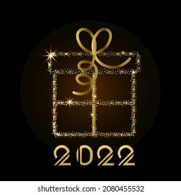Caja brillante de regalo sobre negro y 2022. Ilustración vectorial Fondo de Navidad. Feliz Año Nuevo. Vector de oro texto de lujo 2022. Diseño de números festivos de oro.