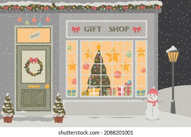 Gift Shop with a Christmas tree, gifts, Christmas wreath, garlands and balls.
