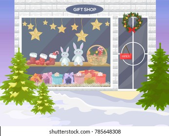 Gift shop facade architecture. Winter decor Vector