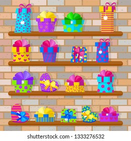 Gift shop. Flat design. Presents on shelves. Brick wall as a background. Vector illustration. EPS 10