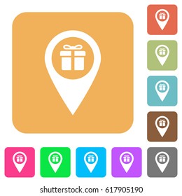 Gift shop GPS map location flat icons on rounded square vivid color backgrounds.