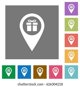 Gift shop GPS map location flat icons on simple color square backgrounds