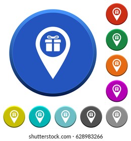 Gift shop GPS map location round color beveled buttons with smooth surfaces and flat white icons