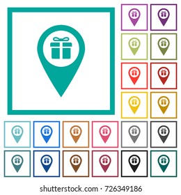 Gift shop GPS map location flat color icons with quadrant frames on white background