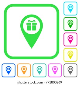 Gift shop GPS map location vivid colored flat icons in curved borders on white background