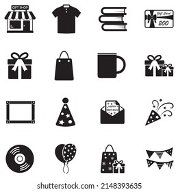 Geschenkladen-Symbole. Schwarzes Flachdesign. Vektorgrafik.