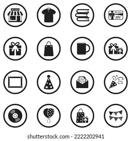 Gift Shop Icons. Black Flat Design In Circle. Vector Illustration.