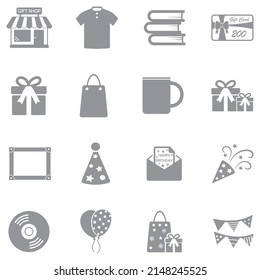 Gift Shop Icons. Gray Flat Design. Vector Illustration.