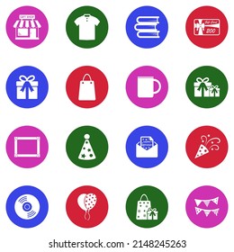 Gift Shop Icons. White Flat Collection In Circle. Vector Illustration.