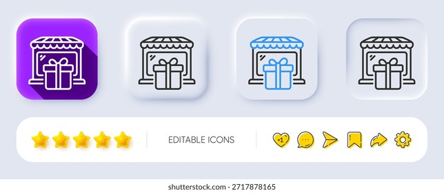 Icono de la línea de la tienda de regalos. Neumórfico, Sombra plana, Botones 3D. Señal del mercado de recuerdos. Símbolo del mercado minorista. Icono de la tienda de regalos de línea. Iconos de redes sociales. Vector