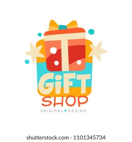 Gift shop logo design template, label with gift box vector Illustration on a white background