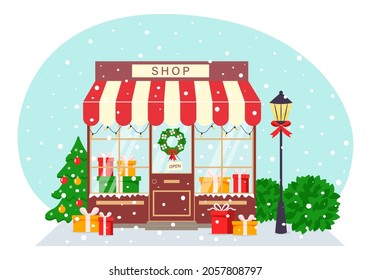 Gift shop with a wreath on the door. Christmas decor. New Year, shopping center for the family. Winter holiday market, house facade, appearance. Vector illustration