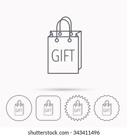 Gift shopping bag icon. Present handbag sign. Linear circle, square and star buttons with icons.