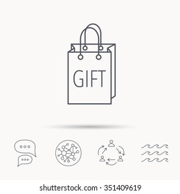 Gift shopping bag icon. Present handbag sign. Global connect network, ocean wave and chat dialog icons. Teamwork symbol.