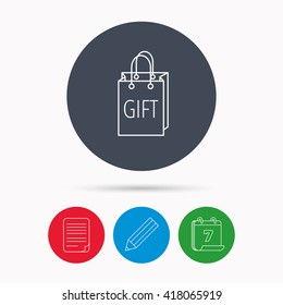Gift shopping bag icon. Present handbag sign. Calendar, pencil or edit and document file signs. Vector