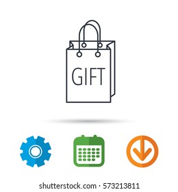 Gift shopping bag icon. Present handbag sign. Calendar, cogwheel and download arrow signs. Colored flat web icons. Vector