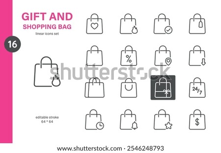 Gift and Shopping Bag Icon Set, Thin Line Editable Stroke Design Shopper Icons for Retail, E-commerce, and, Sales and Promotions, Online Shop, Web Buttons. Holiday Themes Vector Illustration