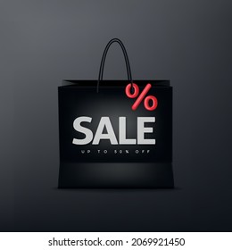 Gift shopping bag with inscription Sale isolated on black background. Discount. Promotion. Vector illustration