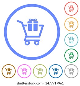Gift shopping flat color vector icons with shadows in round outlines on white background