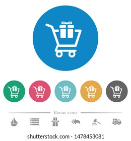 Gift shopping flat white icons on round color backgrounds. 6 bonus icons included.