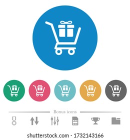 Gift shopping flat white icons on round color backgrounds. 6 bonus icons included.