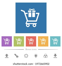 Gift shopping flat white icons in square backgrounds. 6 bonus icons included.