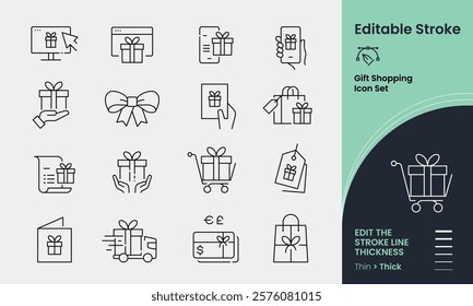 Gift Shopping Icon collection containing 16 editable stroke icons. Perfect for logos, stats and infographics. Edit the thickness of the line in any vector capable app.