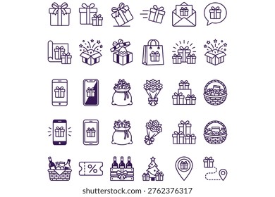 Gift shopping icons set with presents, boxes, bags, and baskets on white background