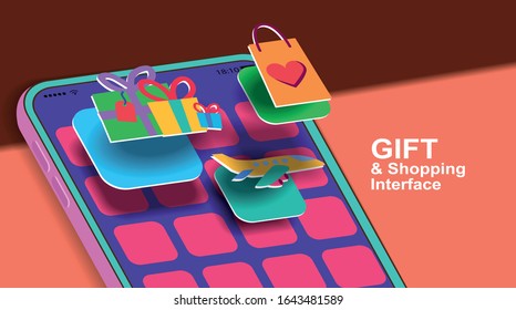 Gift and shopping interface on mobile phone screen with icons. Vector banner