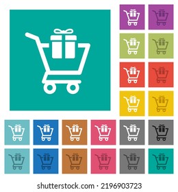 Comprar regalos con iconos planos multicolores en fondos cuadrados simples. Se incluyeron variaciones de iconos blancos y oscuros para efectos de movimiento o activos.