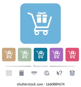 Gift shopping white flat icons on color rounded square backgrounds. 6 bonus icons included