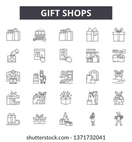 Gift shops line icons, signs set, vector. Gift shops outline concept, illustration: gift,bag,discount,cart,sale,buy