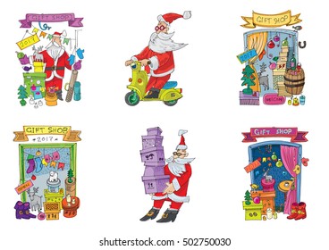 gift shops and santas set - cartoon