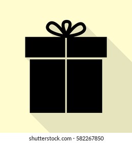 Gift sign. Black icon with flat style shadow path on cream background.