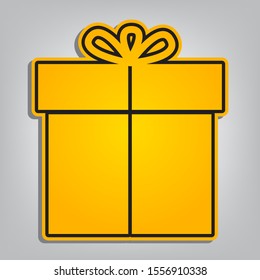 Gift sign. Flat orange icon with overlapping linear black icon with gray shadow at whitish background. Illustration.