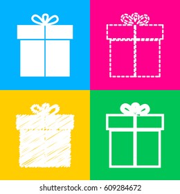 Gift sign. Four styles of icon on four color squares.