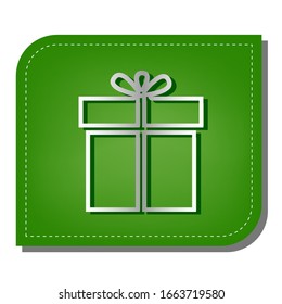 Gift sign. Silver gradient line icon with dark green shadow at ecological patched green leaf. Illustration.