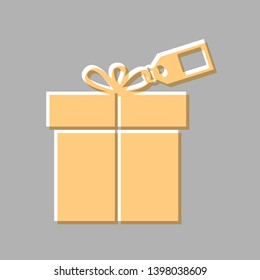 Gift sign with tag. Emboss effect with light orange icon on gray background.