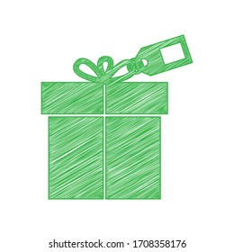 Gift sign with tag. Green scribble Icon with solid contour on white background. Illustration.