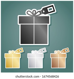 Gift sign with tag. Set of metallic Icons with gray, gold, silver and bronze gradient with white contour and shadow at viridan background. Illustration.