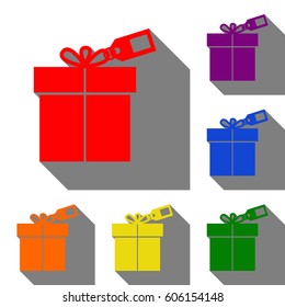 Signo de regalo con etiqueta. Conjunto de iconos rojos, anaranjados, amarillos, verdes, azules y violetas en fondo blanco con sombra plana.