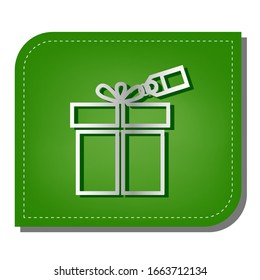 Gift sign with tag. Silver gradient line icon with dark green shadow at ecological patched green leaf. Illustration.