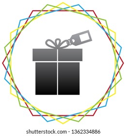 Gift sign with tag. Vector. Black icon with patch of light inside colorful hexagonal frames at white background.