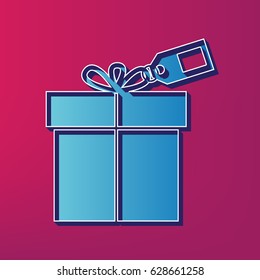 Gift sign with tag. Vector. Blue 3d printed icon on magenta background.