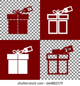 Gift sign with tag. Vector. Bordo and white icons and line icons on chess board with transparent background.