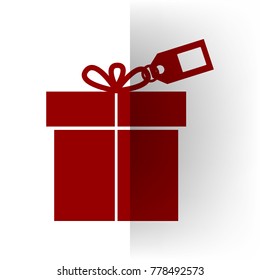 Gift sign with tag. Vector. Bordo icon on white bending paper background.