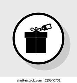Gift sign with tag. Vector. Flat black icon in white circle with shadow at gray background.