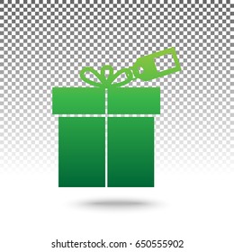 Gift sign with tag. Vector. Green gradient icon with shadow at bottom on transparent and white background.